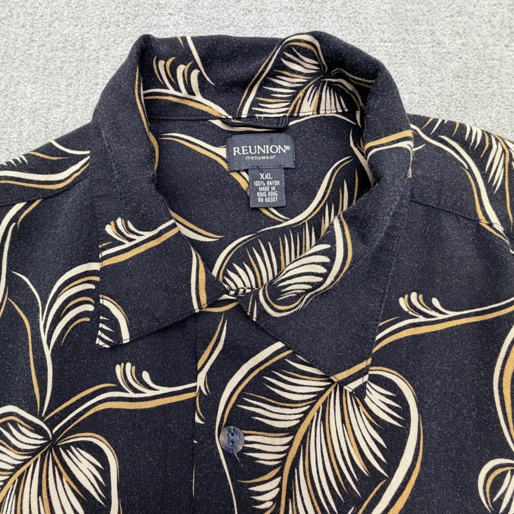Vtg 80s Reunion Loop Collar Hawaiian Shirt XXL Black Gold Rayon Made Hong Kong